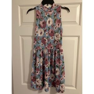 Purple and Blue Floral Pattern Mini Dress